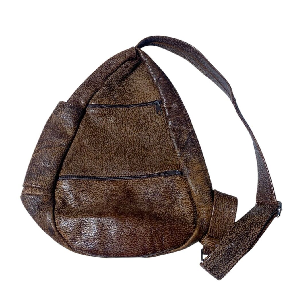 VTG Brown Pebbled Leather Teardrop Sling Bag Crossbody Backpack Multi-Pocket - Picture 6 of 12